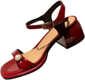 JSEIAJB Thick Mid Heel Round Toe Lacquer Leather Line Strap Sandals Pearl Inner And Outer Full Leather