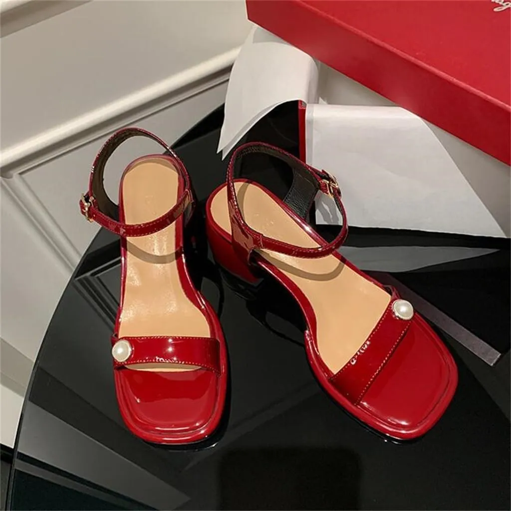 JSEIAJB Thick Mid Heel Round Toe Lacquer Leather Line Strap Sandals Pearl Inner And Outer Full Leather