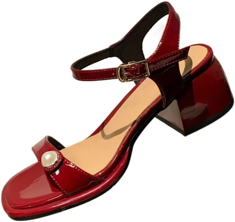JSEIAJB Thick Mid Heel Round Toe Lacquer Leather Line Strap Sandals Pearl Inner And Outer Full Leather