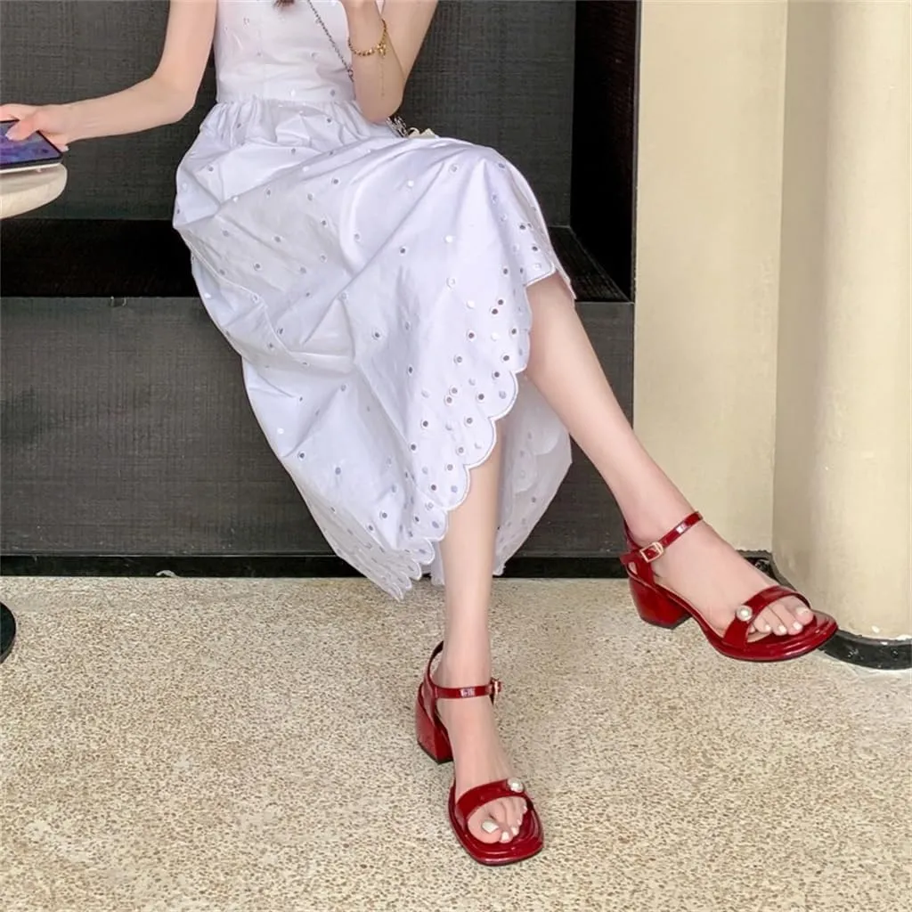 JSEIAJB Thick Mid Heel Round Toe Lacquer Leather Line Strap Sandals Pearl Inner And Outer Full Leather