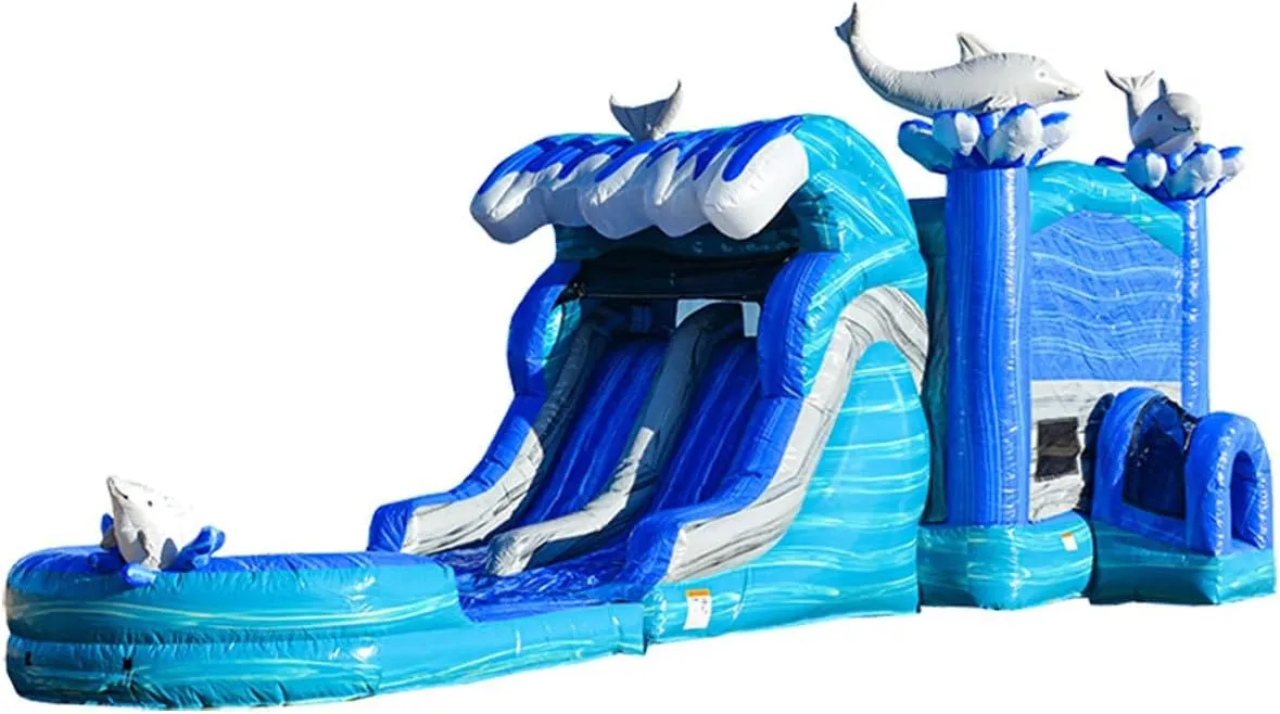 JumpOrange Dolphins Commercial Grade Bounce House Water Slide with Dual Lane and Detachable Pool for Kids and Adults (with Blower), Tunnel Entrance, Basketball Hoop, Wet Dry Use, Obstacle Pop Ups