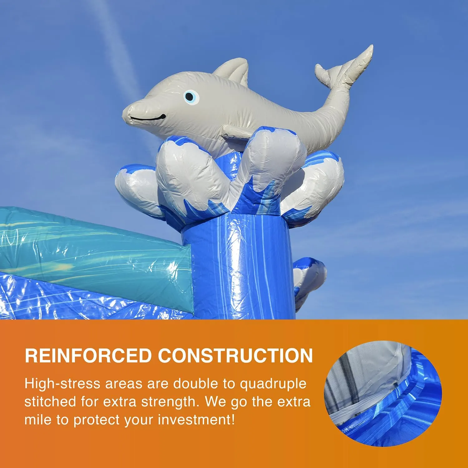 JumpOrange Dolphins Commercial Grade Bounce House Water Slide with Dual Lane and Detachable Pool for Kids and Adults (with Blower), Tunnel Entrance, Basketball Hoop, Wet Dry Use, Obstacle Pop Ups