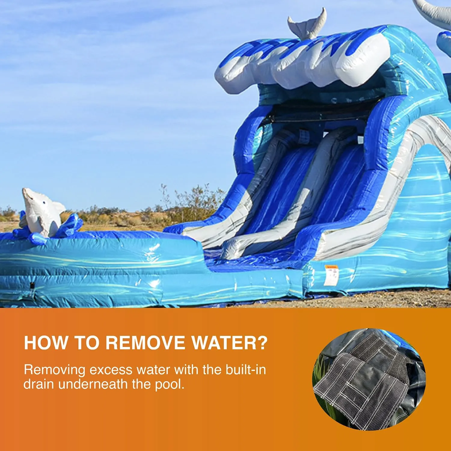 JumpOrange Dolphins Commercial Grade Bounce House Water Slide with Dual Lane and Detachable Pool for Kids and Adults (with Blower), Tunnel Entrance, Basketball Hoop, Wet Dry Use, Obstacle Pop Ups