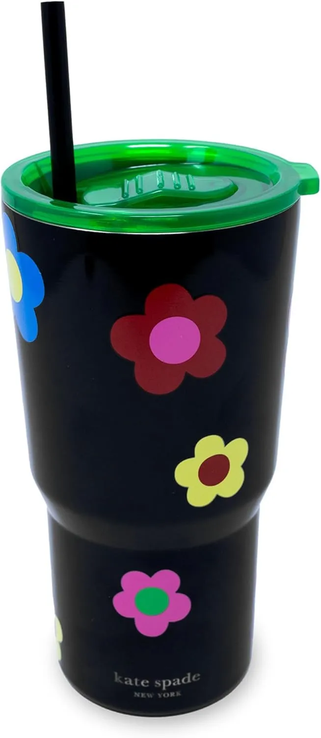 kate spade new york 20 Ounce Insulated Tumbler for Cold and Hot Drinks with Reusable Straw, Stainless Steel Travel Cup with Slide Top Lid (Gingham Garden)