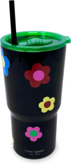 kate spade new york 20 Ounce Insulated Tumbler for Cold and Hot Drinks with Reusable Straw, Stainless Steel Travel Cup with Slide Top Lid (Gingham Garden)