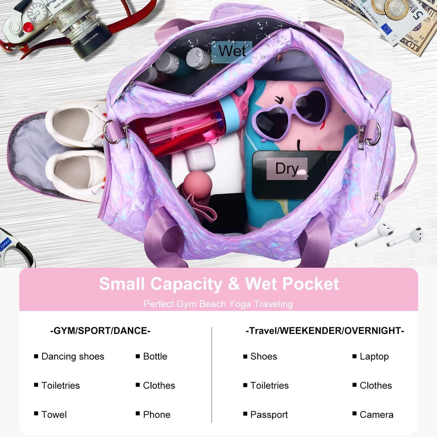 Kids Dance Bag Girls Gymnastics Duffle Bag - Sport Gym Bags,Travel Bag Overnighter Sleepover Bag with Shoe Compartment & Wet Pocket Teens Weekender Carry On Bag…