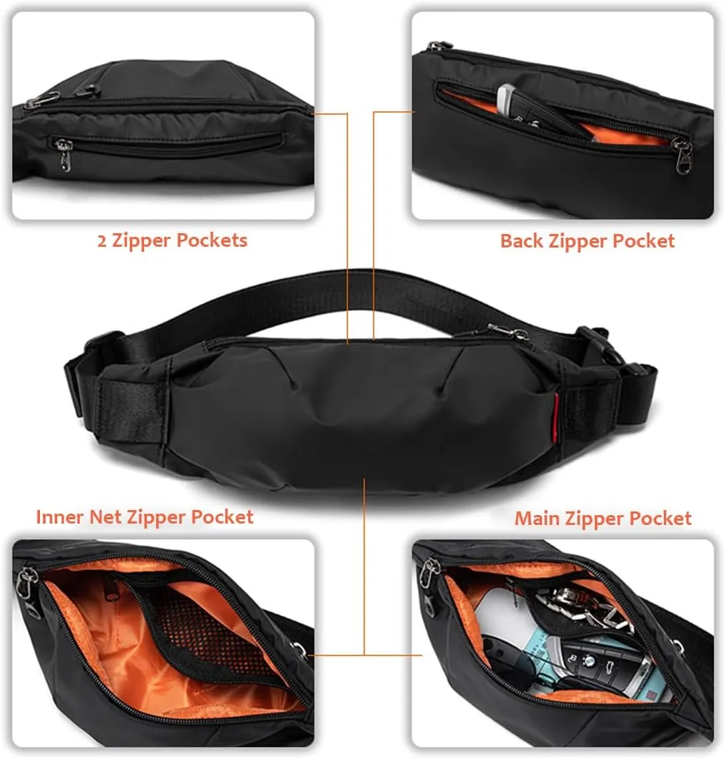 Large Crossbody Fanny Pack for Men Women, Mens Sling Bag Crossbody Purse Waterproof Sports Waist Pack Belt Bag Casual Shoulder Bag Wallet Sling Chest Pouch for Hiking Travel Walking Running, Black