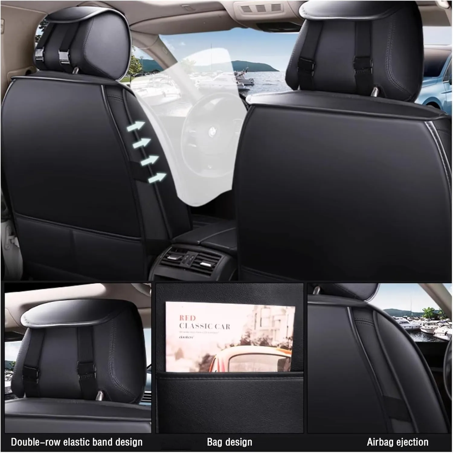 Leather Car Seat Covers Fit for Ligier JS50 2000-2024, 5 Seats Comfortable Non-Slip Seat Covers, Nappa Leather Sport Seat Cover, Car Seat Cover Full Set, Luxury Seat Covers Fit(Black Headrest)