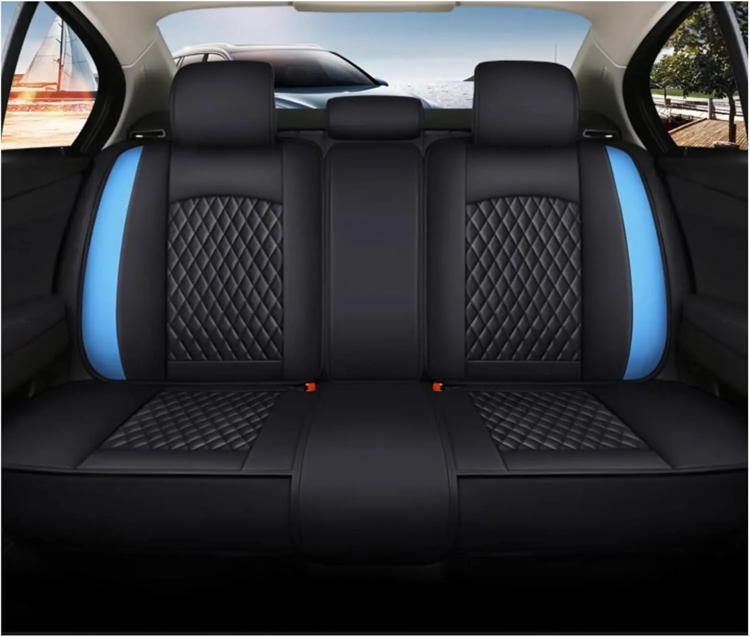 Leather Car Seat Covers Fit for Ligier JS50 2000-2024, 5 Seats Comfortable Non-Slip Seat Covers, Nappa Leather Sport Seat Cover, Car Seat Cover Full Set, Luxury Seat Covers Fit(Blue Headrest)