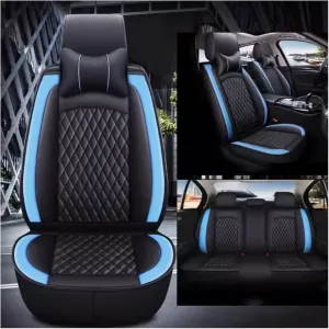 Leather Car Seat Covers Fit for Ligier JS50 2000-2024, 5 Seats Comfortable Non-Slip Seat Covers, Nappa Leather Sport Seat Cover, Car Seat Cover Full Set, Luxury Seat Covers Fit(Blue Headrest)