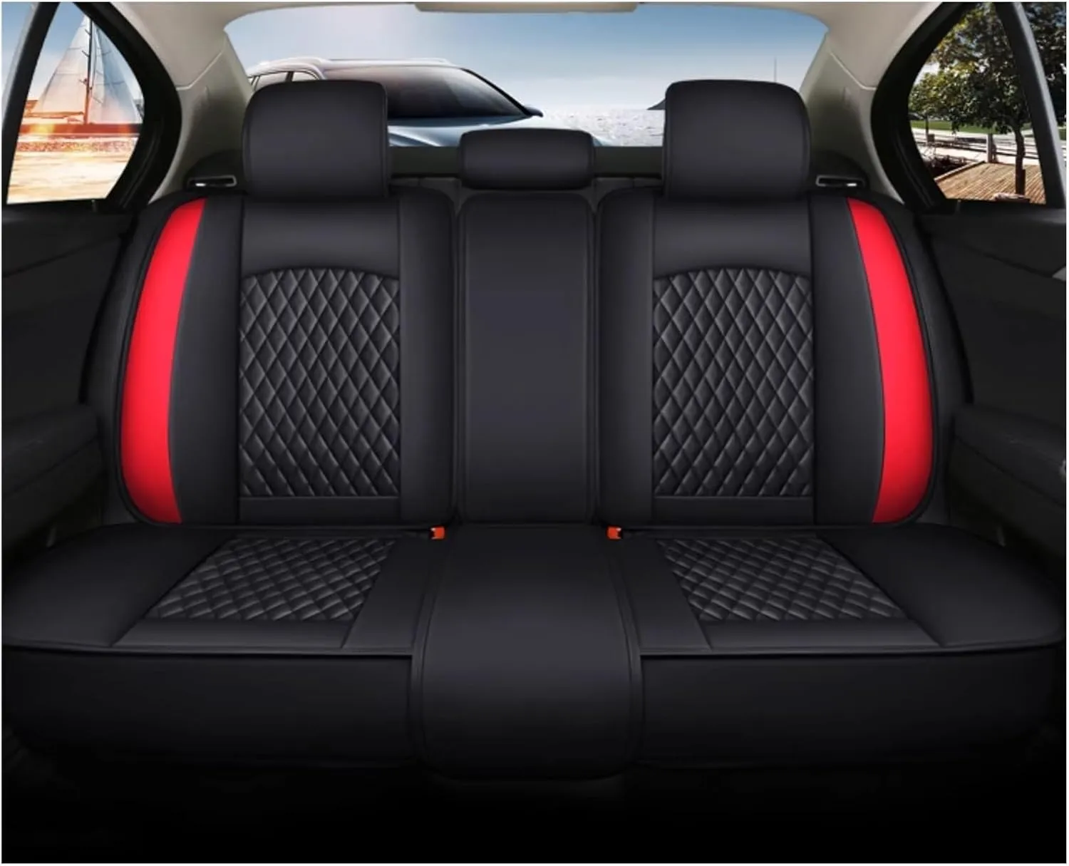 Leather Car Seat Covers Fit for Ligier JS50 2000-2024, 5 Seats Comfortable Non-Slip Seat Covers, Nappa Leather Sport Seat Cover, Car Seat Cover Full Set, Luxury Seat Covers Fit(Red Headrest)