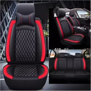 Leather Car Seat Covers Fit for Ligier JS50 2000-2024, 5 Seats Comfortable Non-Slip Seat Covers, Nappa Leather Sport Seat Cover, Car Seat Cover Full Set, Luxury Seat Covers Fit(Red Headrest)