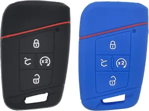 LemSa 2pcs Silicone 4 Buttons Smart Key Fob Cover Remote Keyless Entry Bag Compatible with 2021 2020 2019 VW Volkswagen Tiguan Atlas Jetta Passat Golf Alltrack Push Start, Black Blue