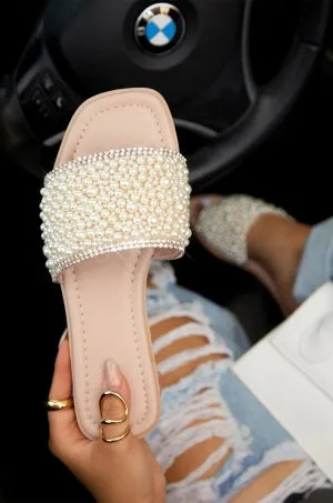 Lily Zarya-2 Pearl Embellished wide Vamp Angular Open Toe Flat Mule-Nude