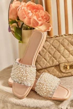 Lily Zarya-2 Pearl Embellished wide Vamp Angular Open Toe Flat Mule-Nude