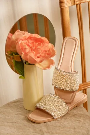 Lily Zarya-2 Pearl Embellished wide Vamp Angular Open Toe Flat Mule-Nude