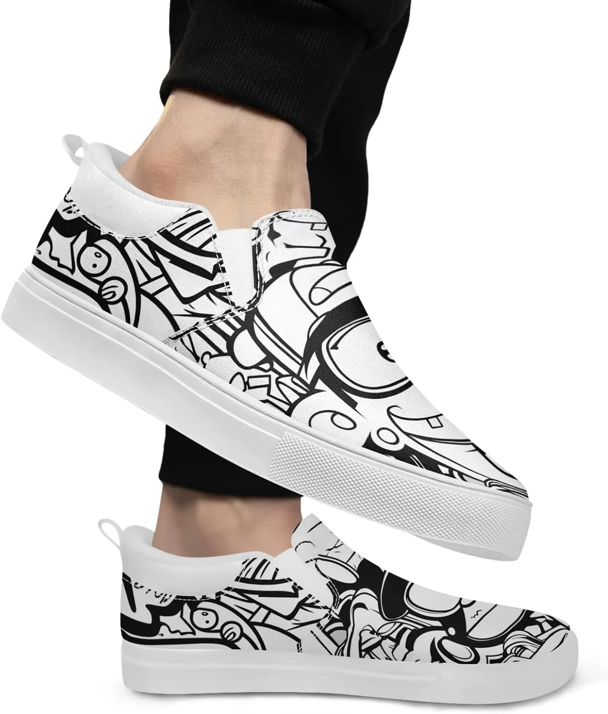 Low-top Slip-On Sneakers for Men, Women's Comfortable Flat Canvas Shoes Casual Loafers with Graffiti Style Design
