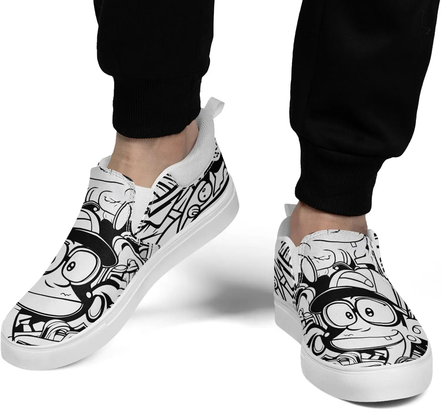 Low-top Slip-On Sneakers for Men, Women's Comfortable Flat Canvas Shoes Casual Loafers with Graffiti Style Design