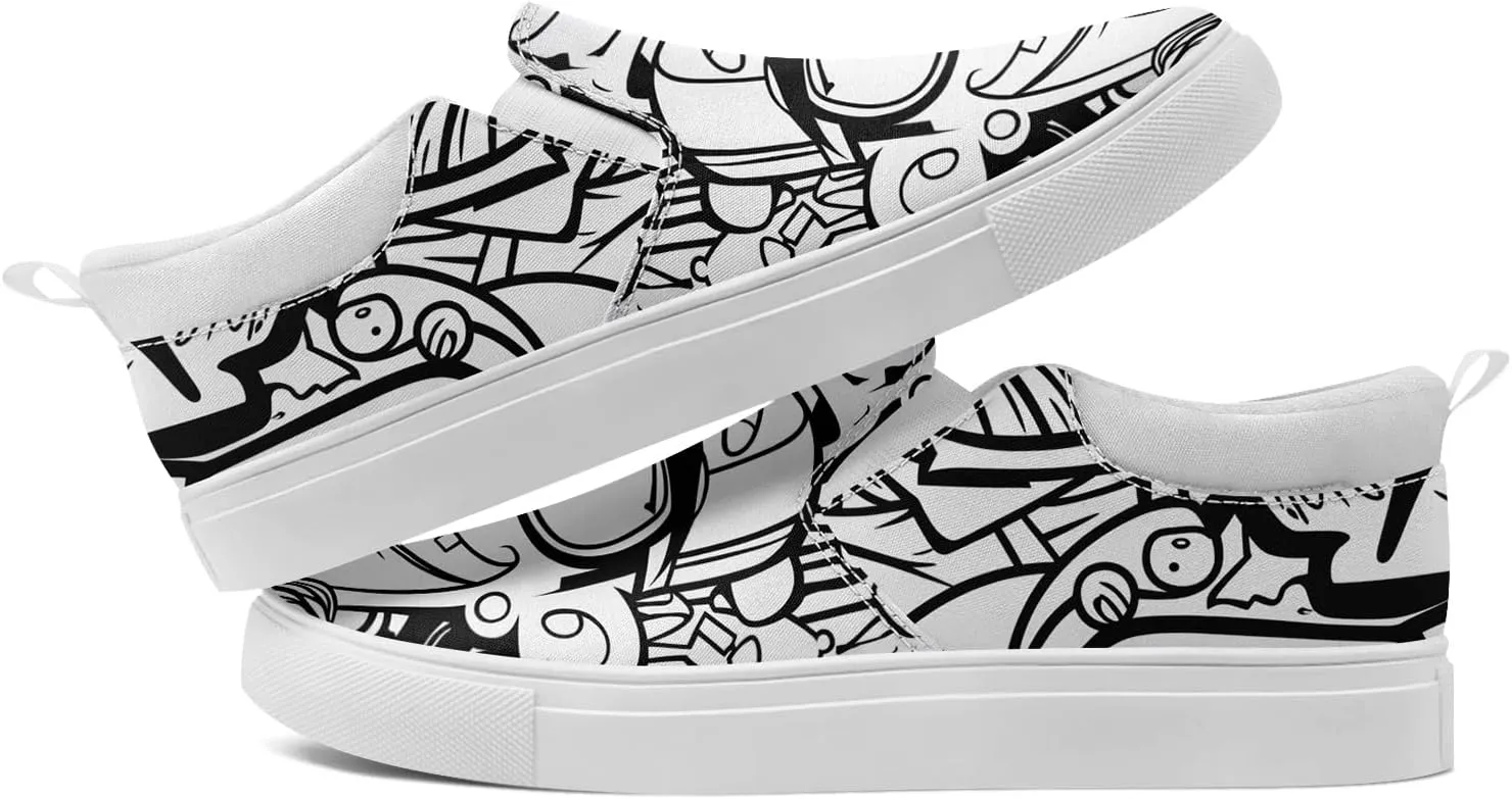 Low-top Slip-On Sneakers for Men, Women's Comfortable Flat Canvas Shoes Casual Loafers with Graffiti Style Design