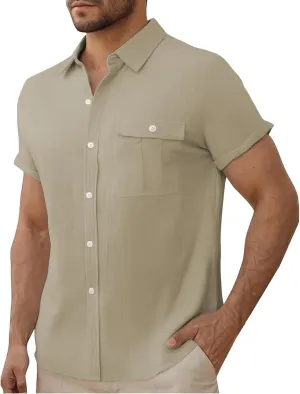 Men Cotton Linen Guayabera Shirts Casual Short Sleeve Button Down Work Shirt Solid Color Business Office Dress Tops