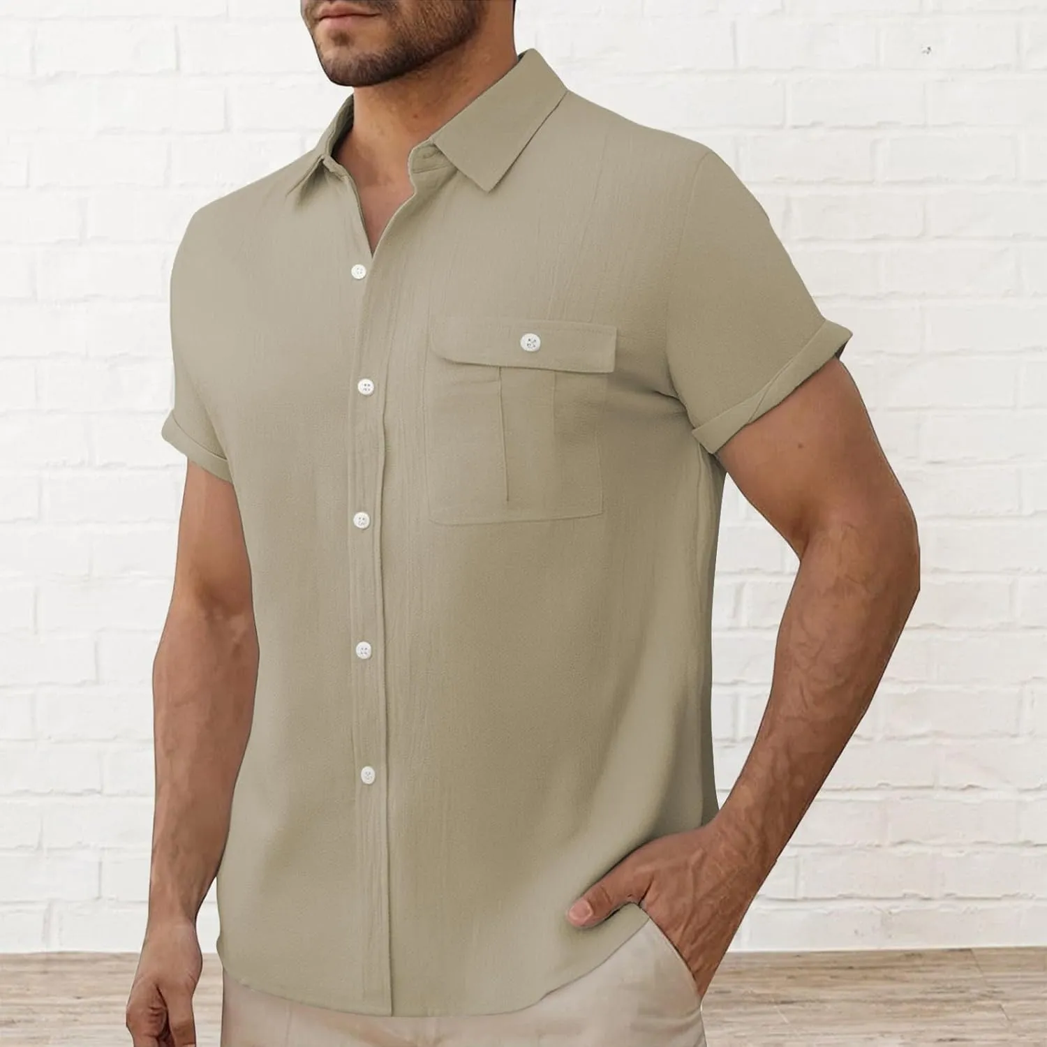 Men Cotton Linen Guayabera Shirts Casual Short Sleeve Button Down Work Shirt Solid Color Business Office Dress Tops