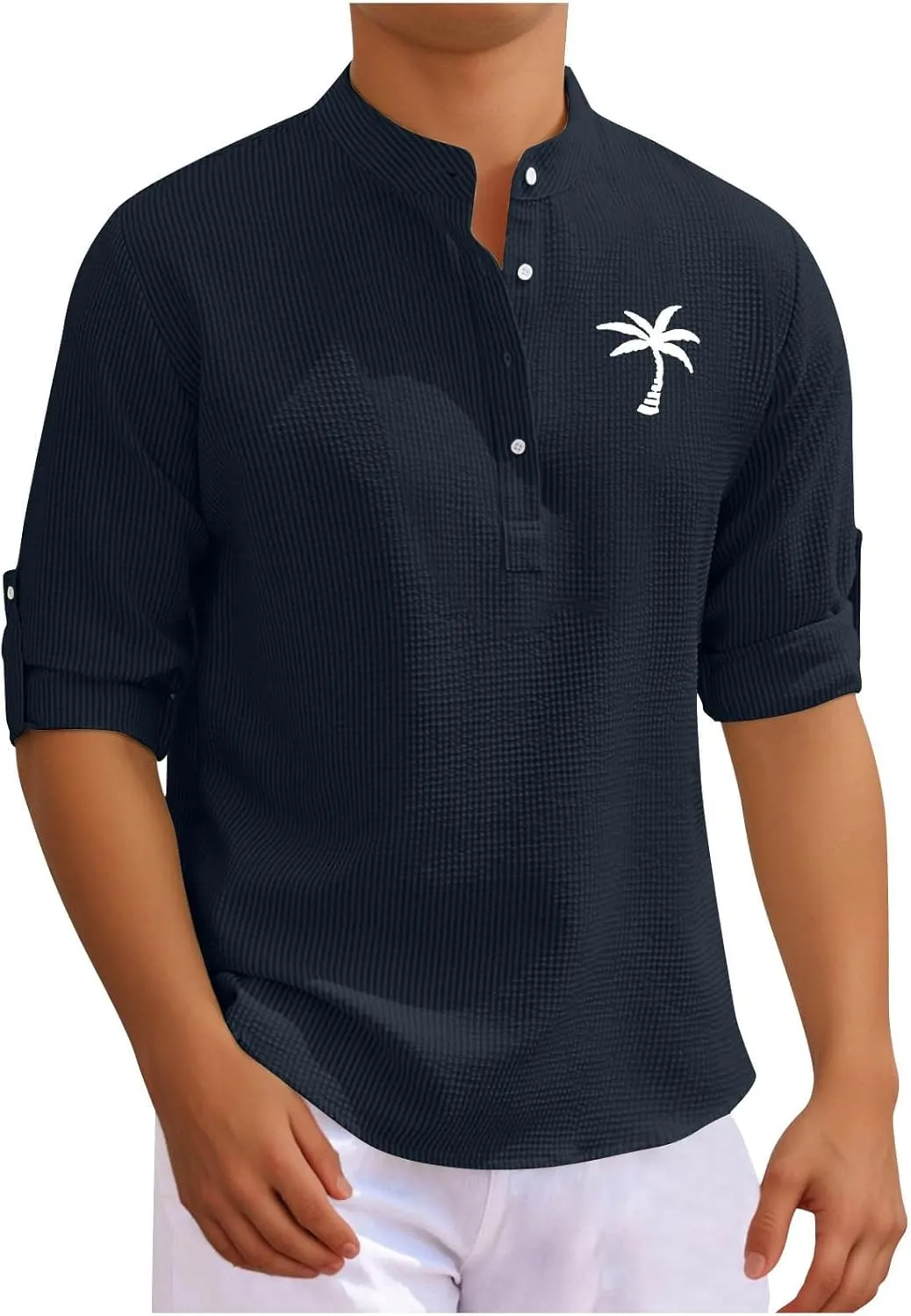 Mens 3/4 Sleeve Shirts Mock Turtleneck Coconut Tree Print Summer Henley Shirt Casual Waffle Roll Up Sleeve Beach Tops
