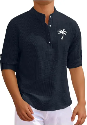 Mens 3/4 Sleeve Shirts Mock Turtleneck Coconut Tree Print Summer Henley Shirt Casual Waffle Roll Up Sleeve Beach Tops