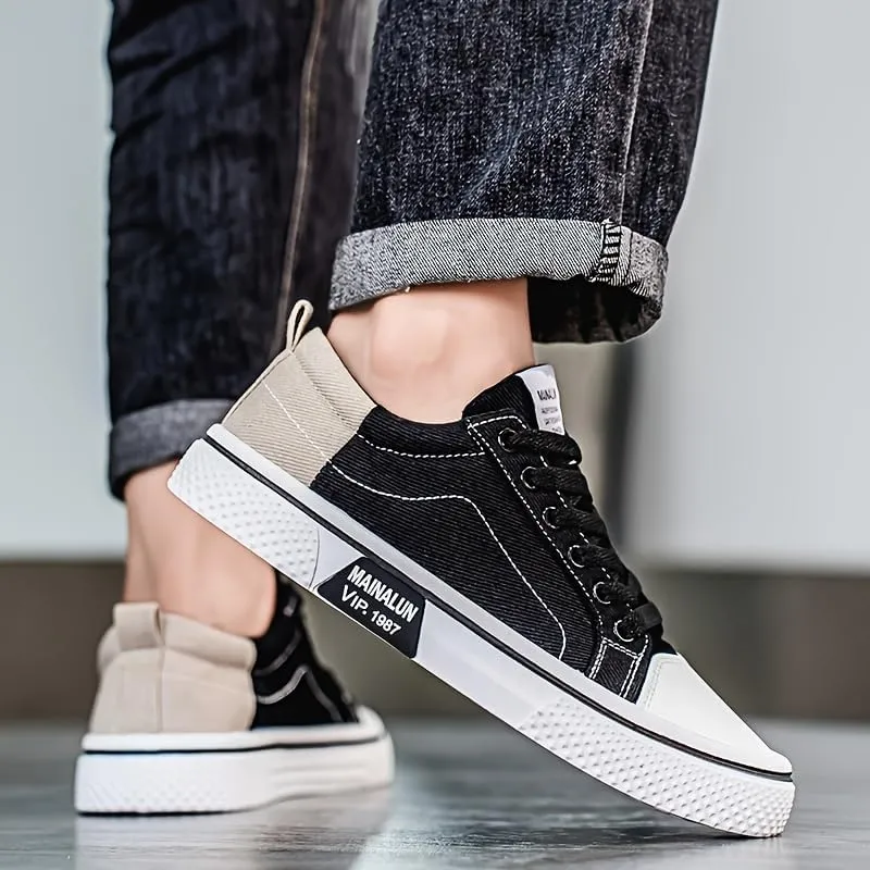 Men's Breathable Canvas Sneakers - Casual Low-Top Lace-Up Shoes with Non-Slip PVC Sole, Two-Tone Orange & Beige Design, Comfortable for All Seasons, Everyday | Twotone Design | Durable PVC Sole,