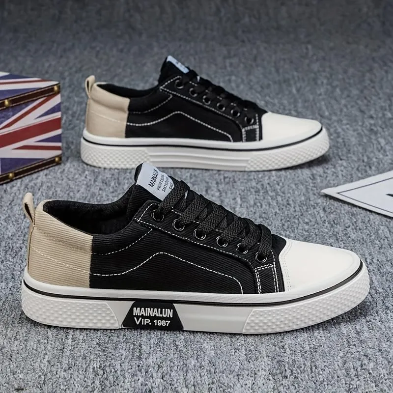 Men's Breathable Canvas Sneakers - Casual Low-Top Lace-Up Shoes with Non-Slip PVC Sole, Two-Tone Orange & Beige Design, Comfortable for All Seasons, Everyday | Twotone Design | Durable PVC Sole,
