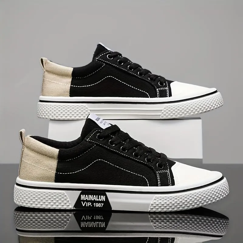 Men's Breathable Canvas Sneakers - Casual Low-Top Lace-Up Shoes with Non-Slip PVC Sole, Two-Tone Orange & Beige Design, Comfortable for All Seasons, Everyday | Twotone Design | Durable PVC Sole,
