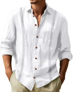 Men's Cotton Linen Shirts Button Up Long Sleeve T Shirts Solid Plain Roll Up Sleeve Tees Summer Casual Tees Tops