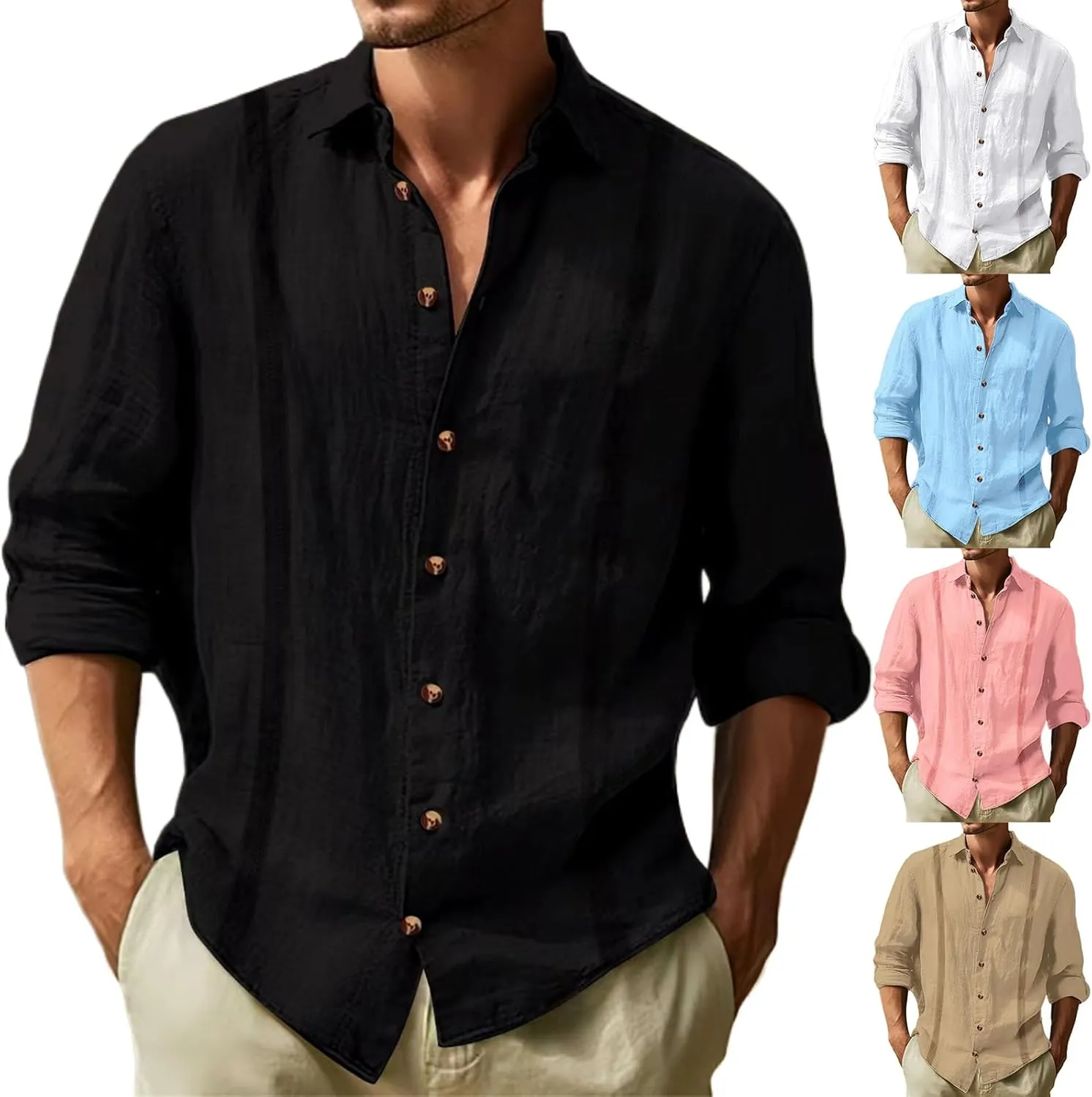 Men's Cotton Linen Shirts Button Up Long Sleeve T Shirts Solid Plain Roll Up Sleeve Tees Summer Casual Tees Tops