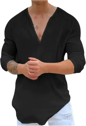 Mens Cotton Linen Shirts Long Sleeve Deep V-neck Tops Casual Beach Loose Solid Tee Shirt Lightweight Comfy T-shirt