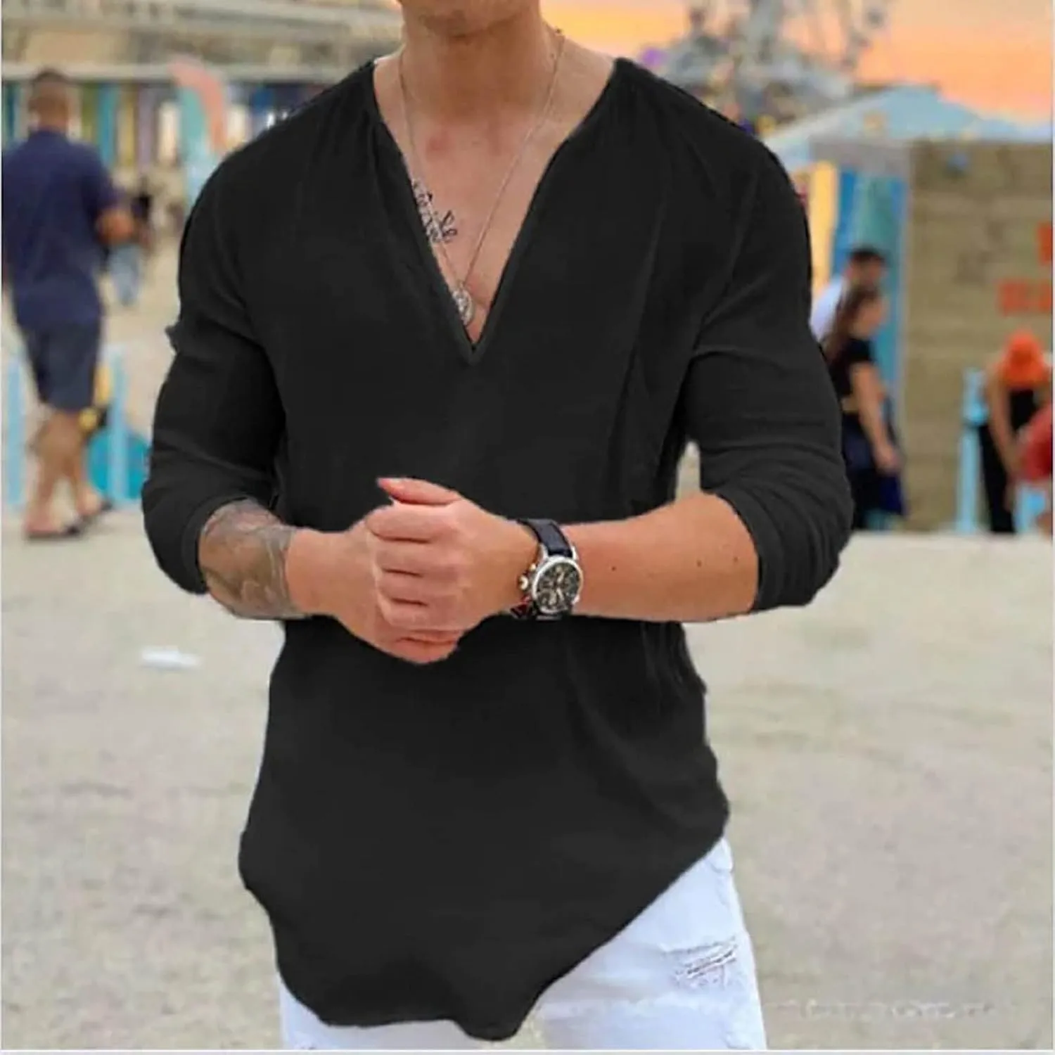 Mens Cotton Linen Shirts Long Sleeve Deep V-neck Tops Casual Beach Loose Solid Tee Shirt Lightweight Comfy T-shirt