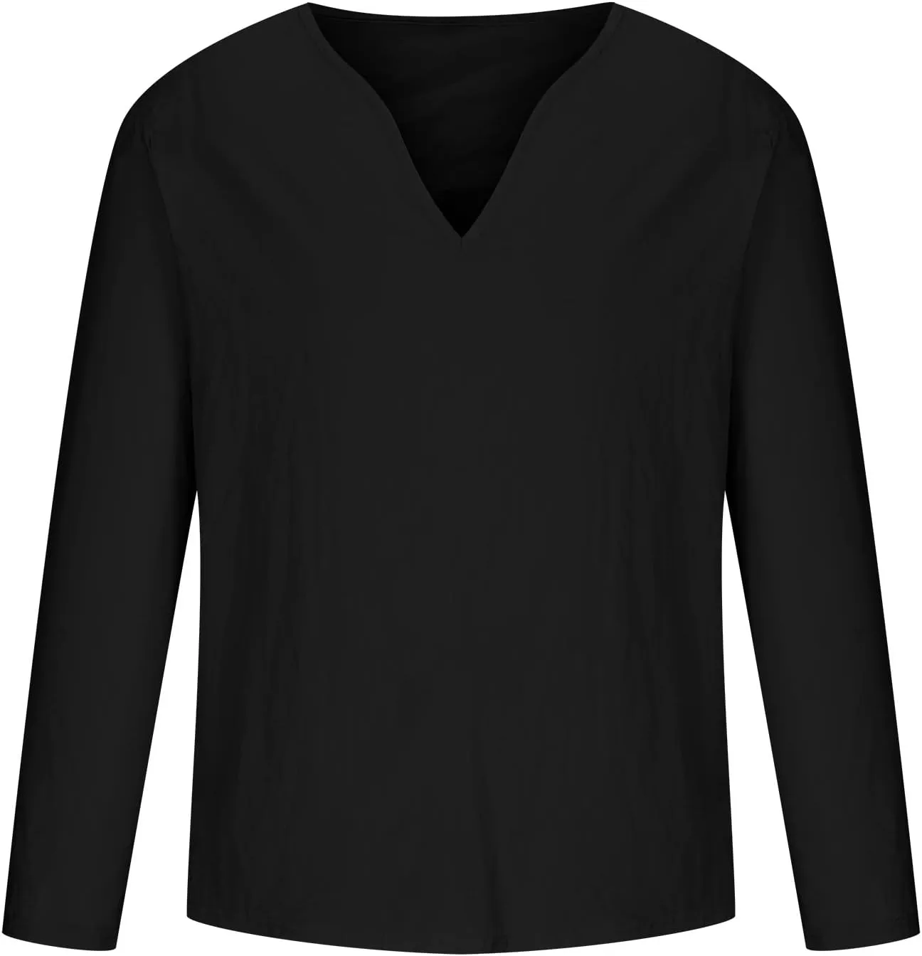 Mens Cotton Linen Shirts Long Sleeve Deep V-neck Tops Casual Beach Loose Solid Tee Shirt Lightweight Comfy T-shirt