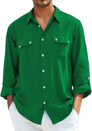 Men's Cotton Linen Shirts Retro Multi-Pockets Lapel Long Sleeve Workwear Breathable Quick Dry Summer Tropical Tops