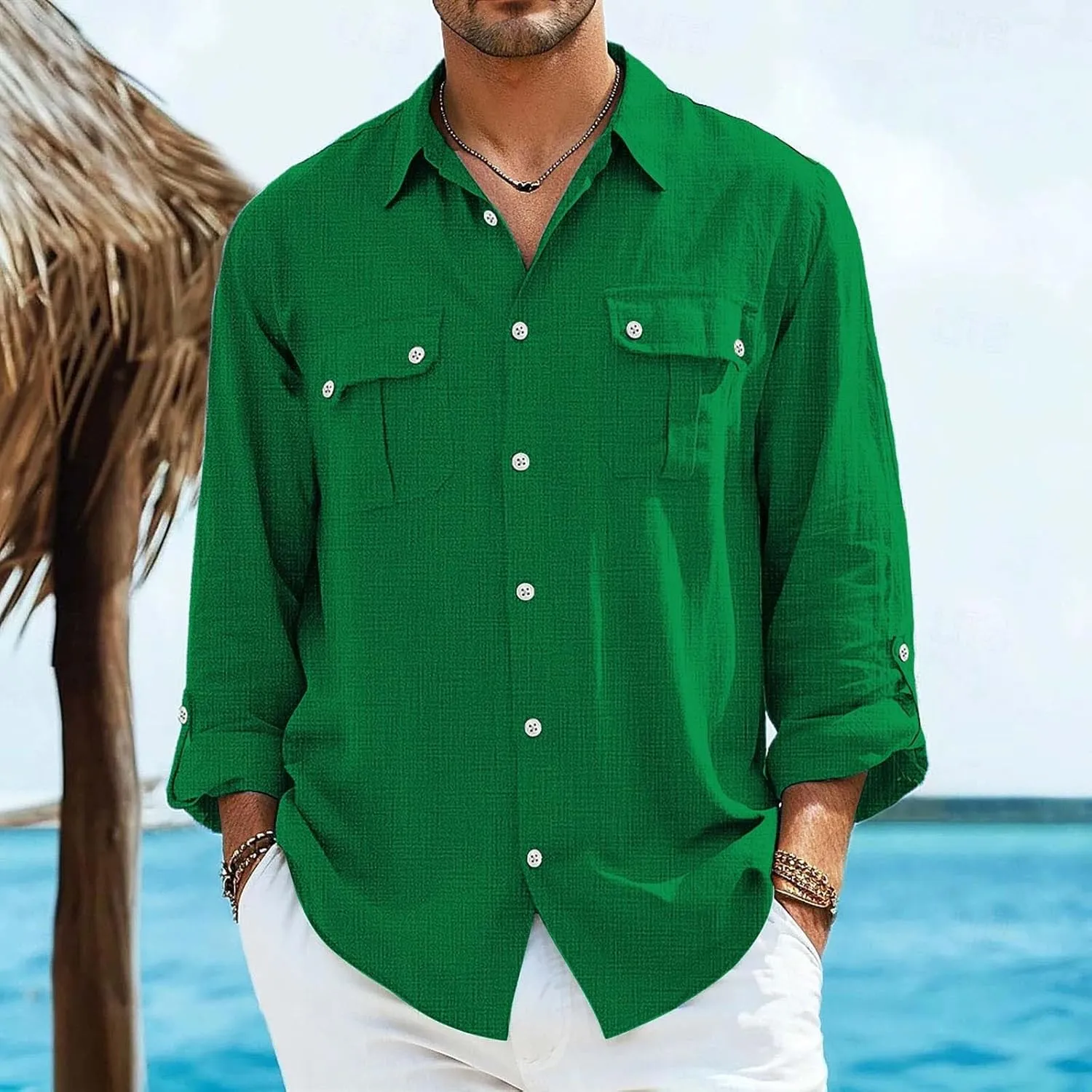 Men's Cotton Linen Shirts Retro Multi-Pockets Lapel Long Sleeve Workwear Breathable Quick Dry Summer Tropical Tops