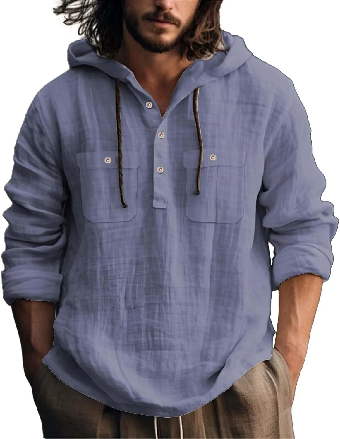 Mens Cotton Linen Shirts with Hooded Casual 3/4 Roll-Up Sleeve Summer Beach Hippie Shirt Lightweight Drying Tee Tops