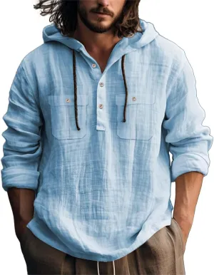 Mens Cotton Linen Shirts with Hooded Casual 3/4 Roll-Up Sleeve Summer Beach Hippie Shirt Lightweight Drying Tee Tops