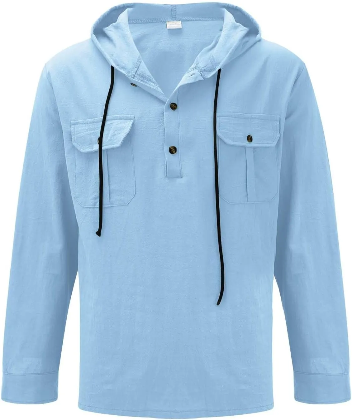 Mens Cotton Linen Shirts with Hooded Casual 3/4 Roll-Up Sleeve Summer Beach Hippie Shirt Lightweight Drying Tee Tops