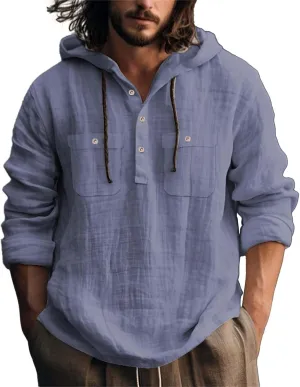 Mens Cotton Linen Shirts with Hooded Casual 3/4 Roll-Up Sleeve Summer Beach Hippie Shirt Lightweight Drying Tee Tops