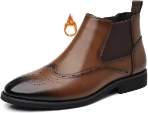 Men's Leather Wingtip Dress Chelsea Boots Casual Pointed Toe Warm Fur Lined Brogue Ankle Boots Fall Winter Business Non Slip Formal Chelsea Boots