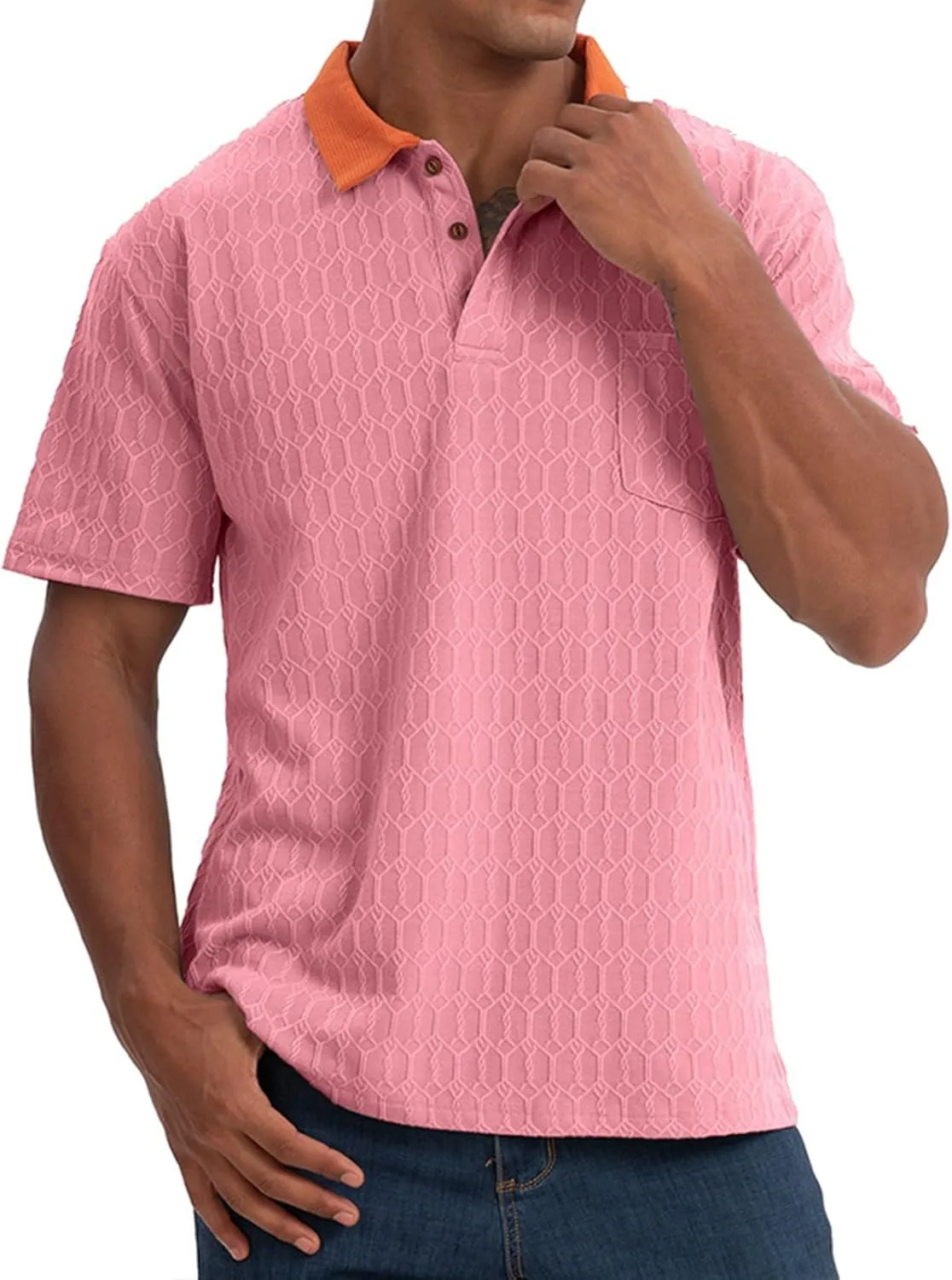 Mens Polo Shirts Trendy Texture Dry Fit Short Sleeve Sports Tactical T-Shirt Moisture Wicking Athletic Golf Shirt