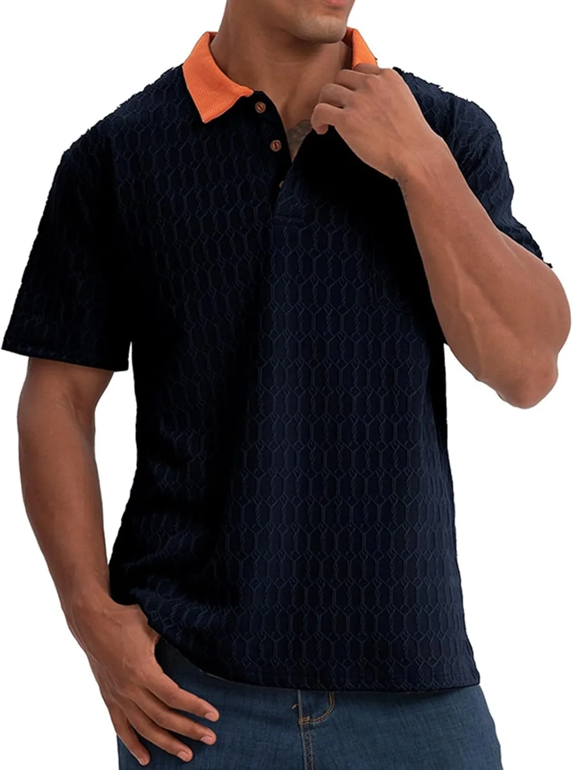 Mens Polo Shirts Trendy Texture Dry Fit Short Sleeve Sports Tactical T-Shirt Moisture Wicking Athletic Golf Shirt