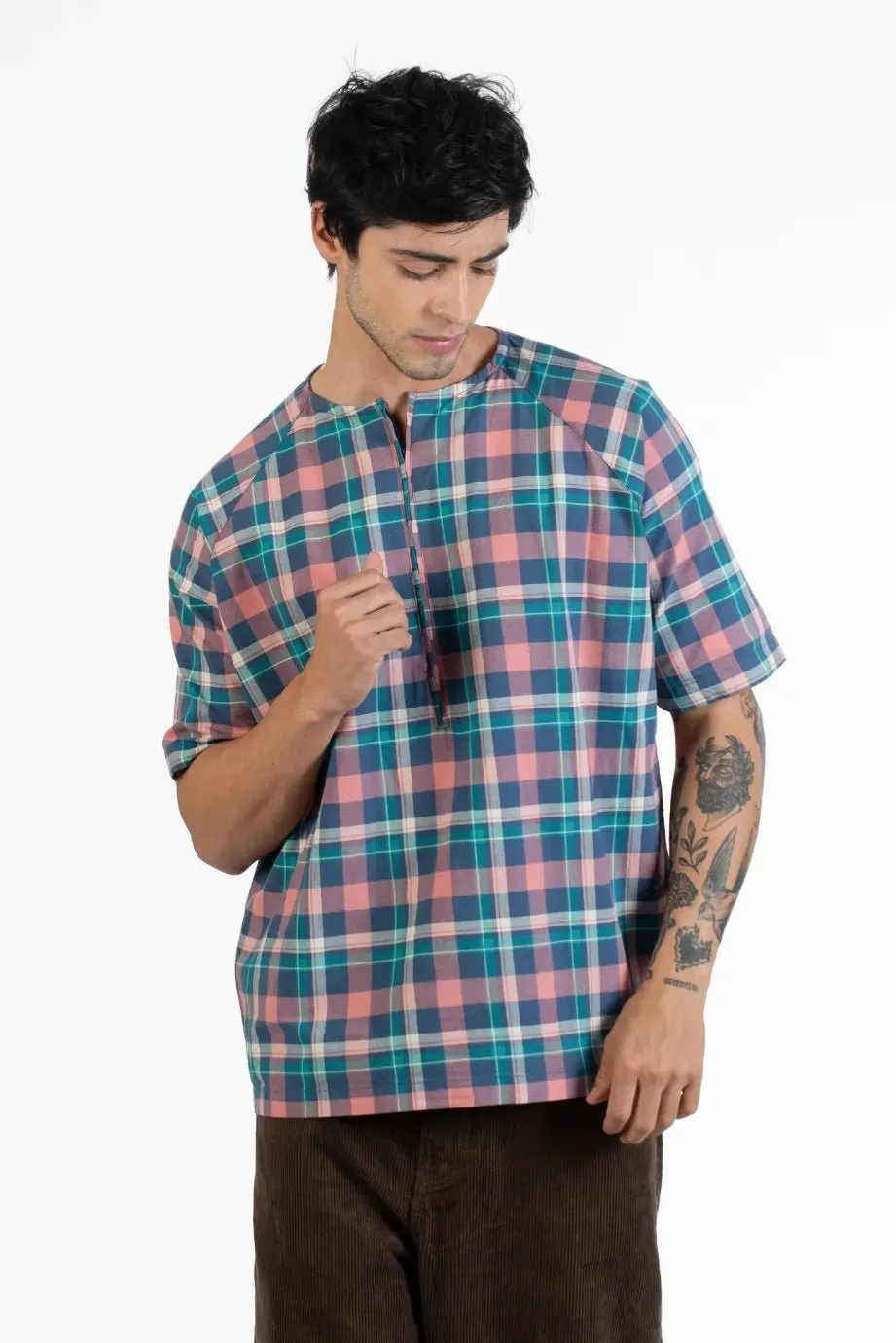 Men's Raglan Half Sleeve Checks Shirts | Blue