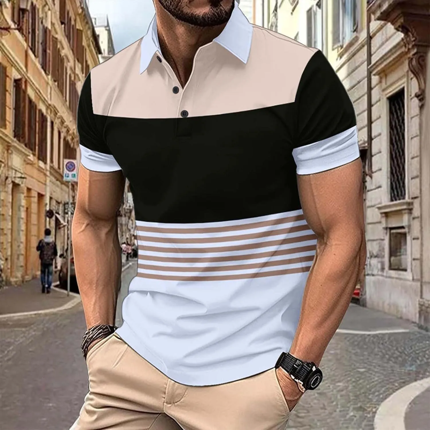 Mens Shirts Short Sleeve Summer Casual Short Sleeved Buttons Lapel Solid Color Short Sleeved T Shirt Tops Polo White