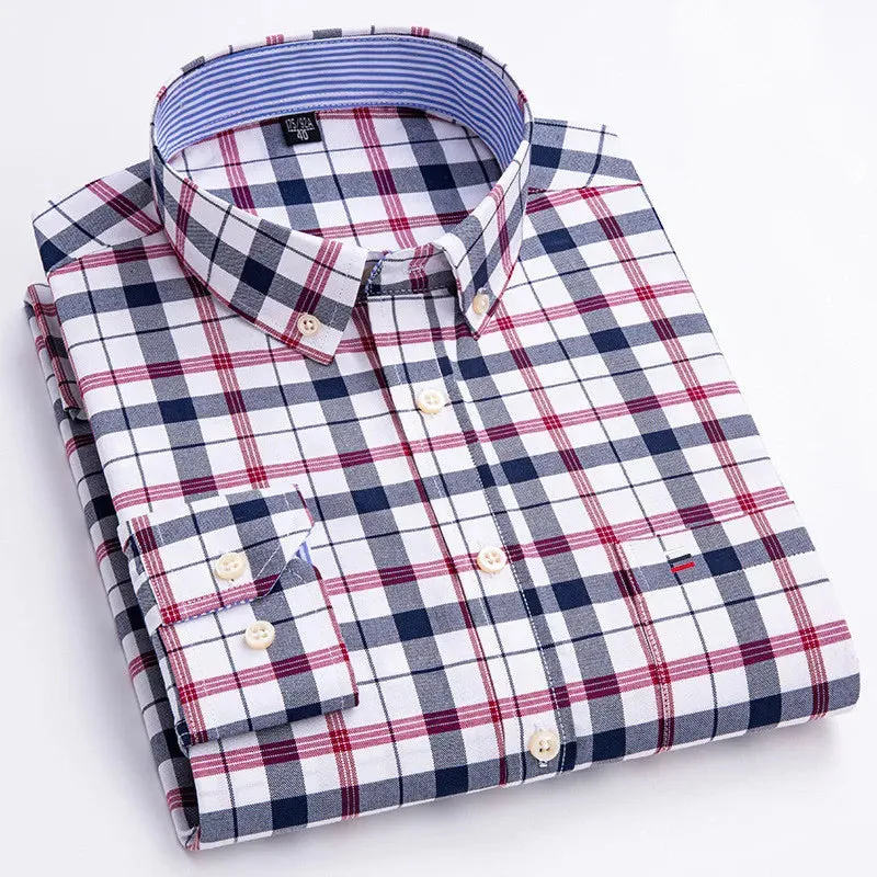 Men's Social Shirt Long Sleeve Pure Cotton Oxford Thin Soft Buttoned Plaid Formal Male Clothes Oversized Shirt Plus Size S~7XL