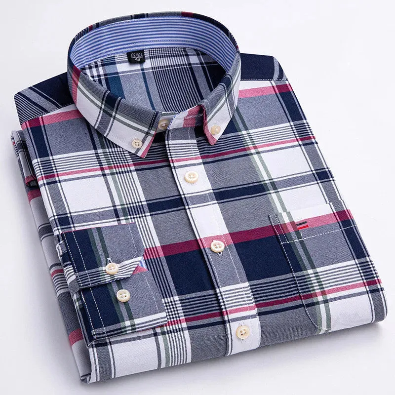 Men's Social Shirt Long Sleeve Pure Cotton Oxford Thin Soft Buttoned Plaid Formal Male Clothes Oversized Shirt Plus Size S~7XL