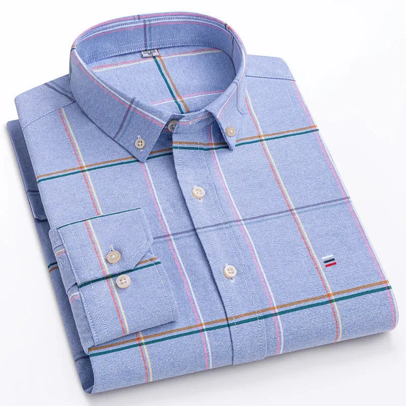 Men's Social Shirt Long Sleeve Pure Cotton Oxford Thin Soft Buttoned Plaid Formal Male Clothes Oversized Shirt Plus Size S~7XL