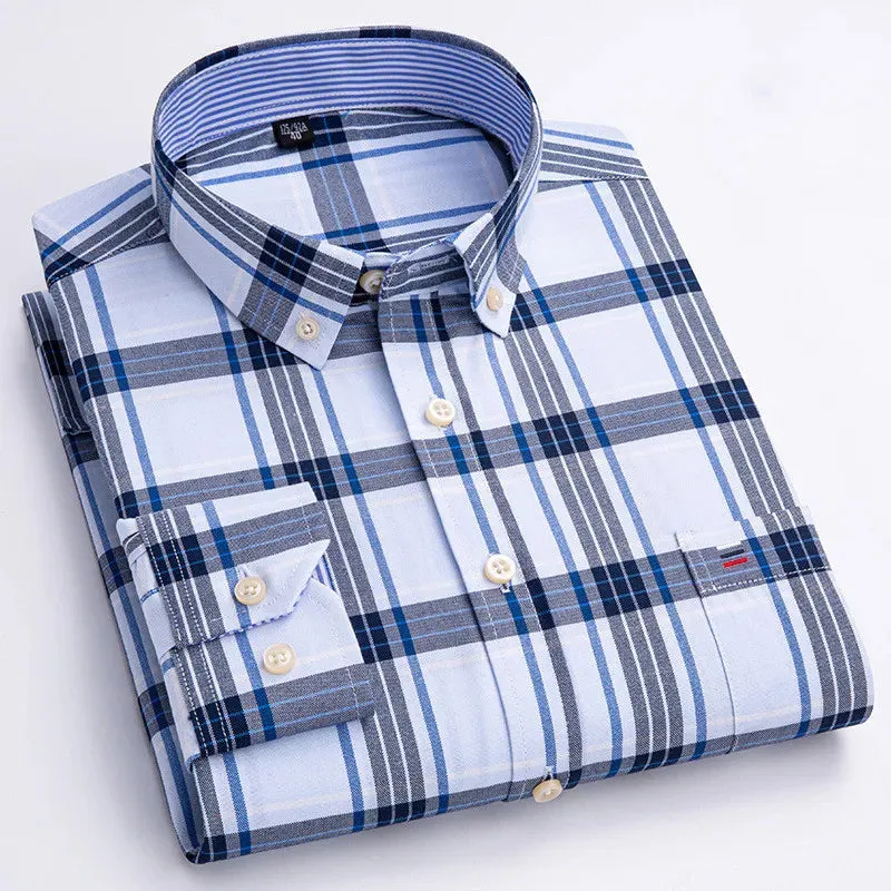 Men's Social Shirt Long Sleeve Pure Cotton Oxford Thin Soft Buttoned Plaid Formal Male Clothes Oversized Shirt Plus Size S~7XL